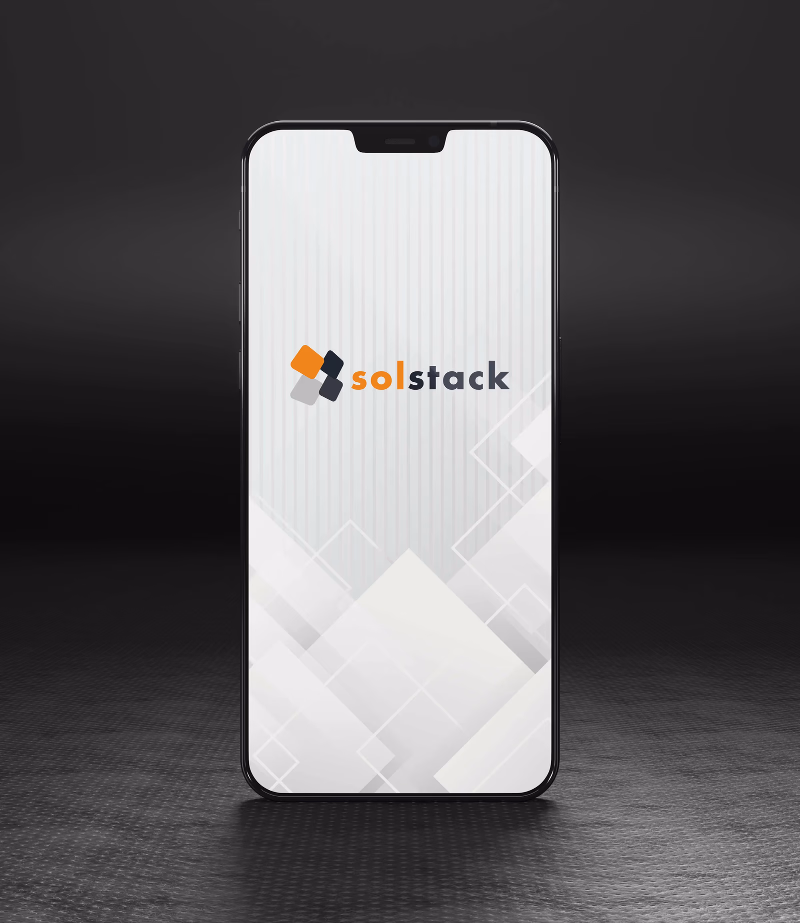 Solstack brand identity displayed on a mobile phone mockup with geometric brand pattern designed by Desque