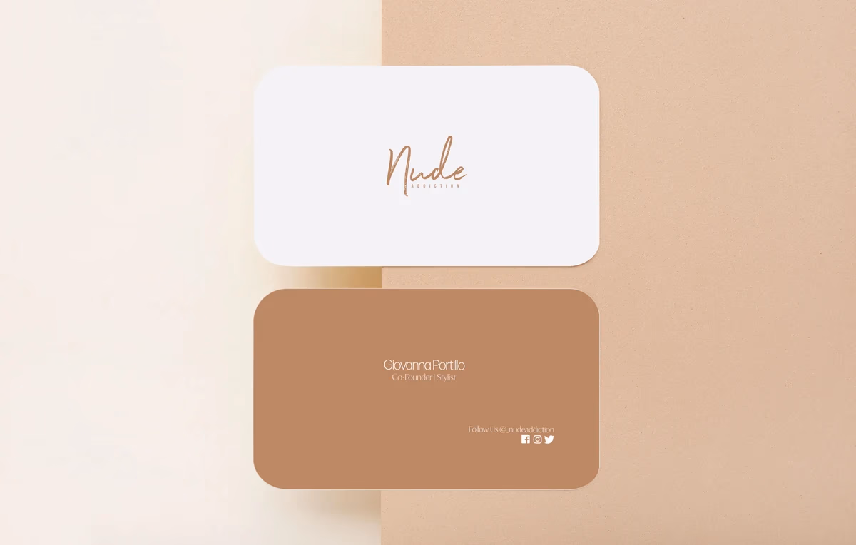 Nude Addiction business card mockup designed by Desque with warm neutral tones and minimal layout
