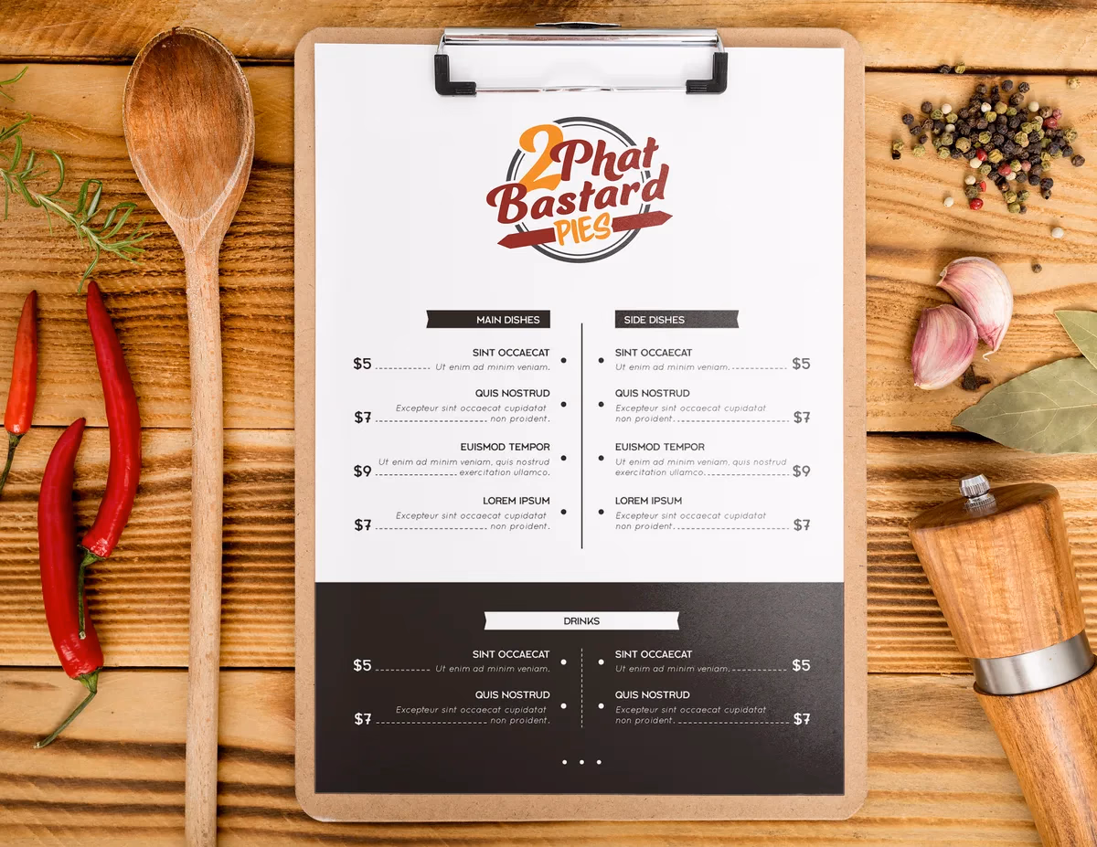 2 Phat Bastard Pies printed menu designed by Desque