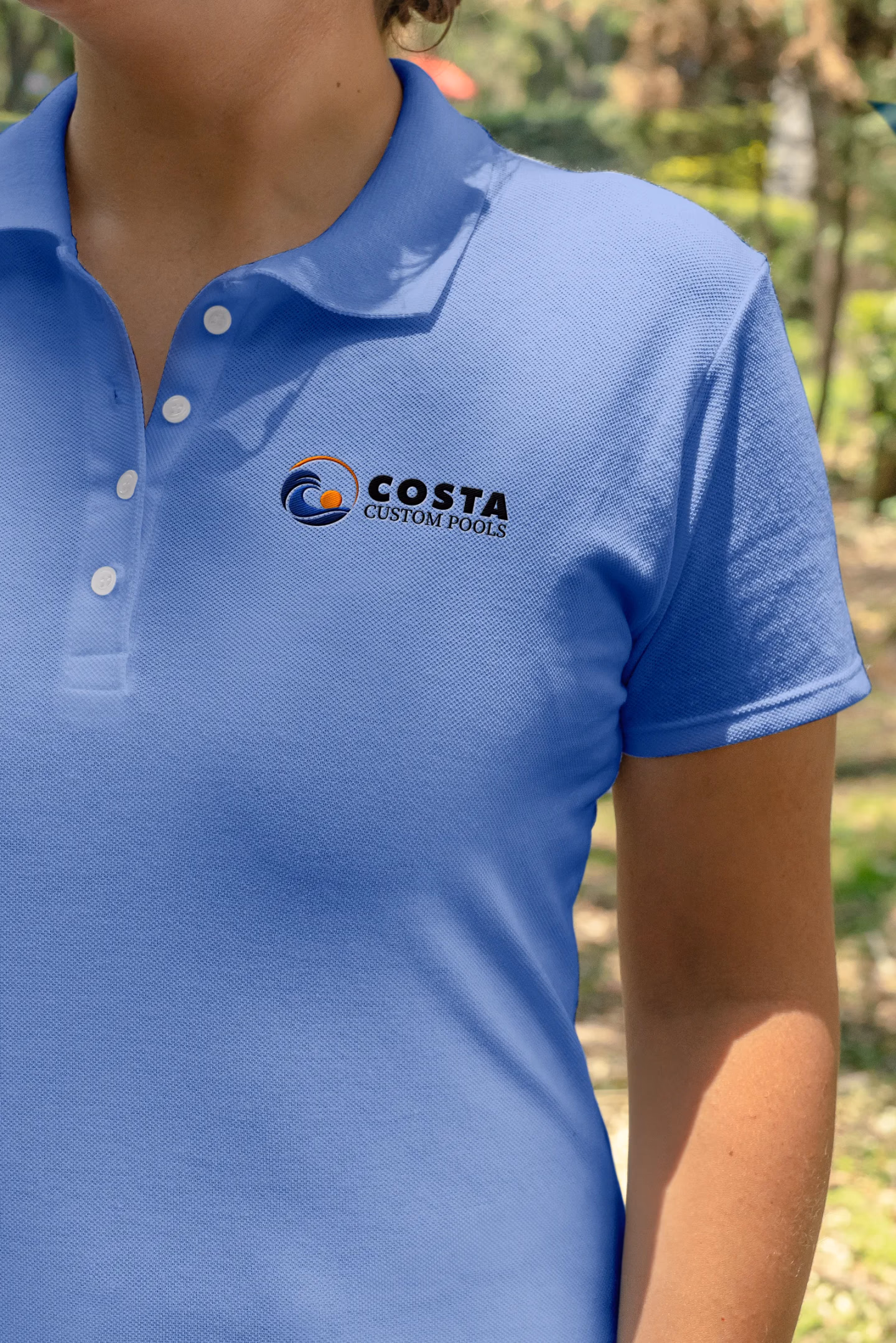 Costa Custom Pools branded polo alternate view designed by Desque
