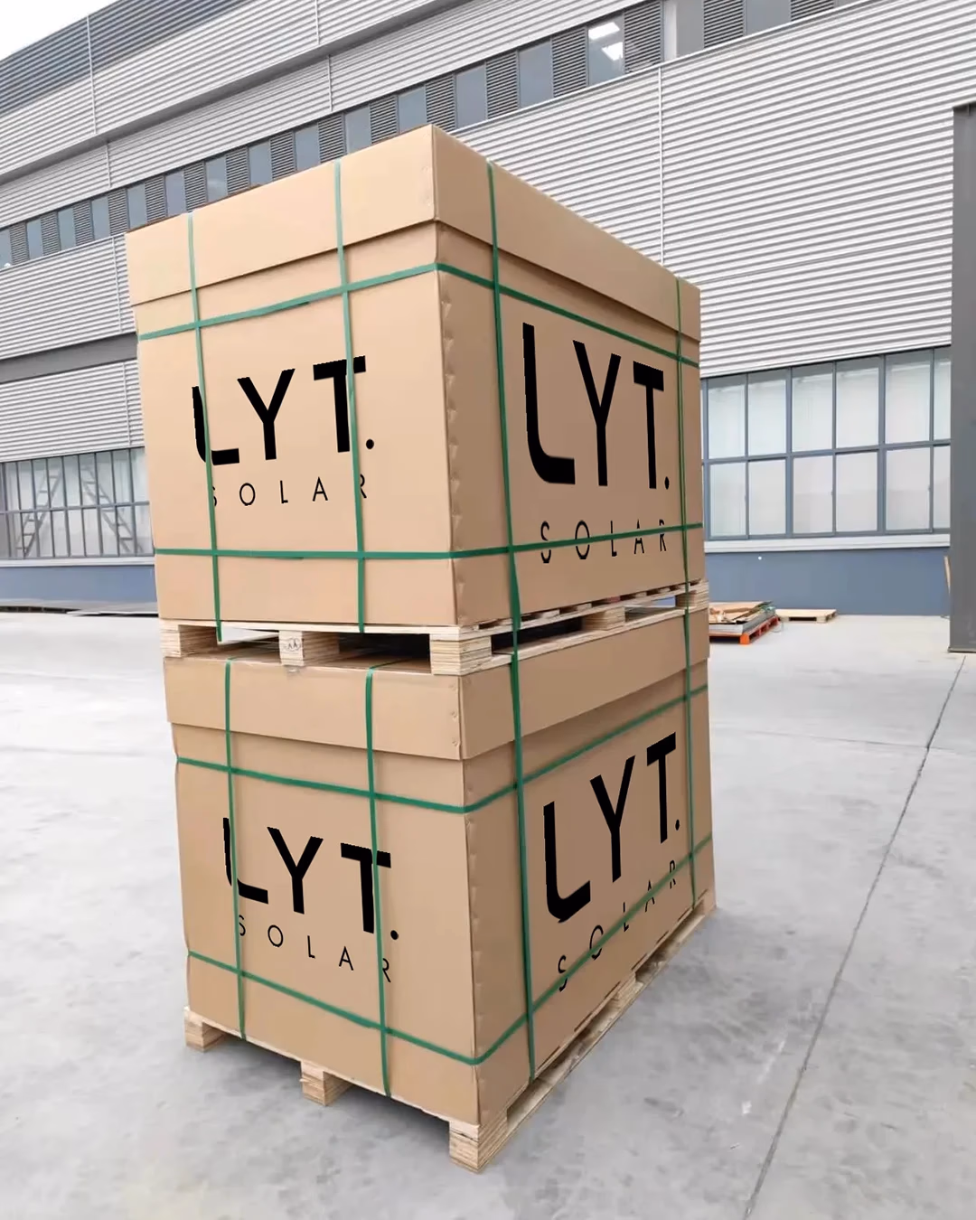 Lyt Solar branded industrial shipping boxes on pallet designed by Desque