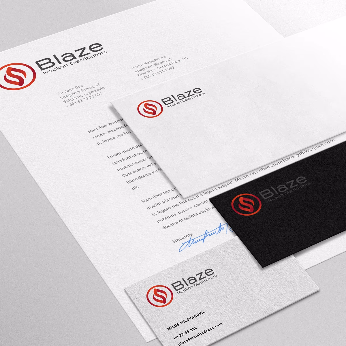 Blaze Hookah Distributors branded stationery and business cards designed by Desque