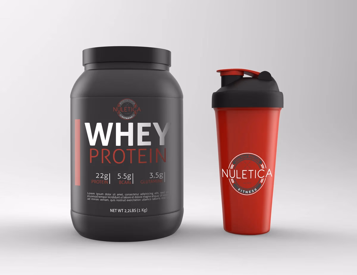 Nuletica Fitness supplement tub and shaker bottle mockup designed by Desque