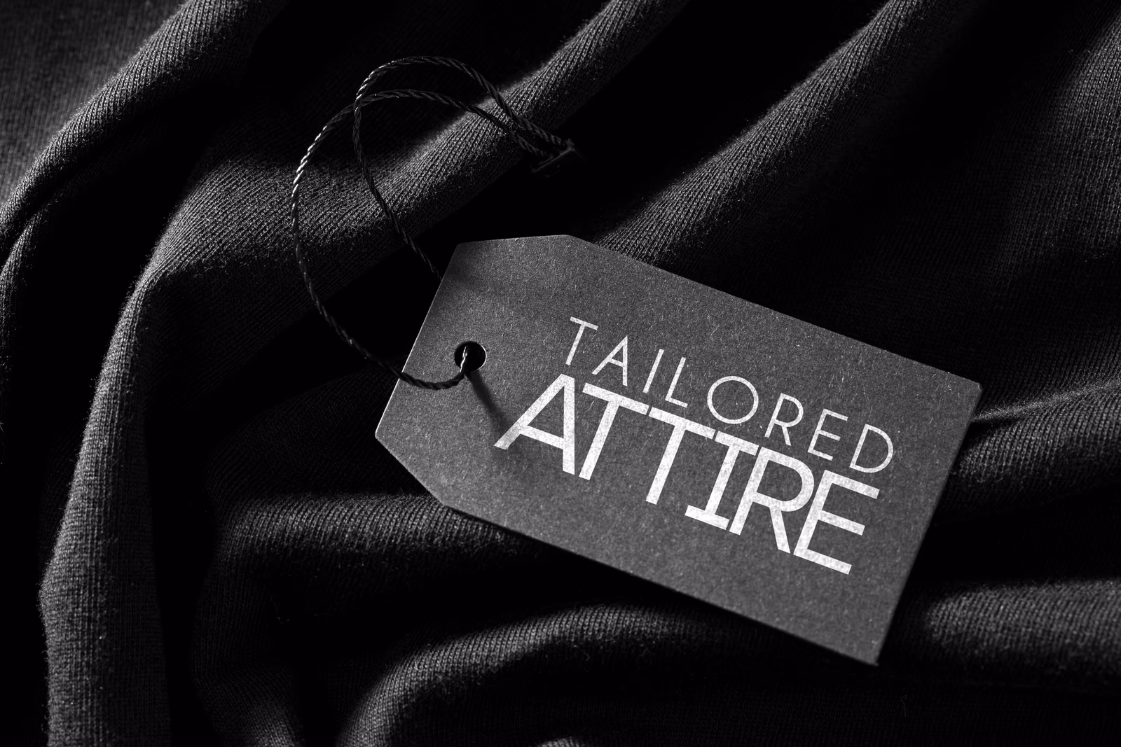 Tailored Attire hang tag mockup designed by Desque, showing the identity at apparel tag scale