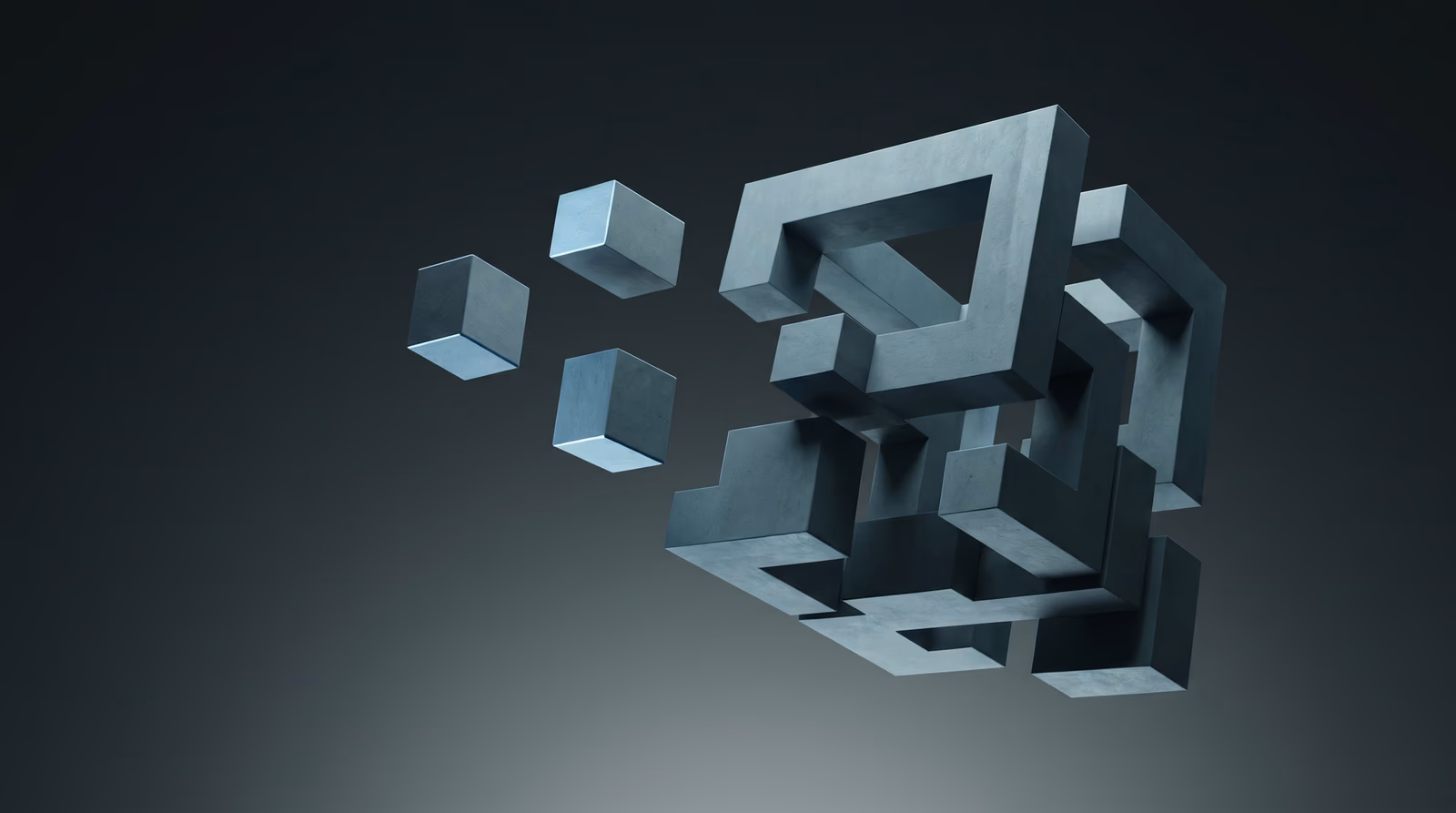 Modular geometric blocks partially assembling mid-air with floating segments representing code splitting and lazy loading of JavaScript for faster website performance