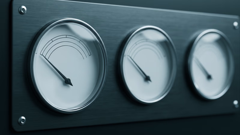 Close-up macro of three plain analog performance gauges with minimal white faces and black needle indicators on a dark metal panel, representing precise web performance measurement and Core Web Vitals monitoring