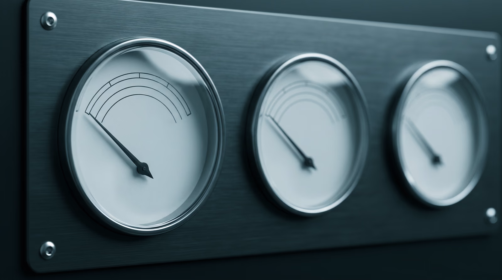 Close-up macro of three plain analog performance gauges with minimal white faces and black needle indicators on a dark metal panel, representing precise web performance measurement and Core Web Vitals monitoring
