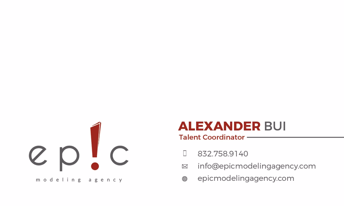 Epic Modeling Agency business card front side showing the ep!c wordmark and talent coordinator contact information designed by Desque