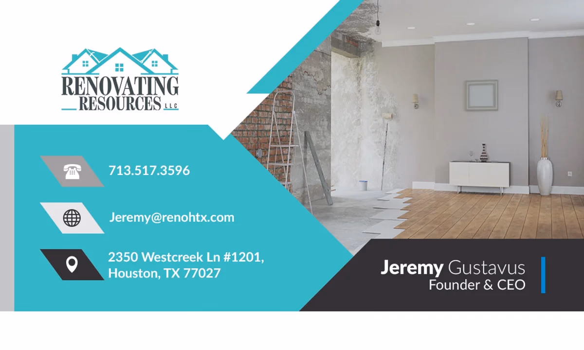 Renovating Resources LLC business card front designed by Desque, showing service offerings and teal brand accents
