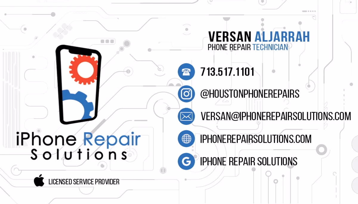 iPhone Repair Solutions Spot UV business card front with circuitry pattern designed by Desque