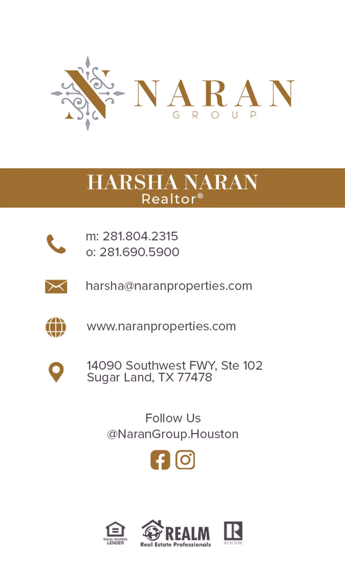 Harsha Naran business card front designed by Desque for Naran Group