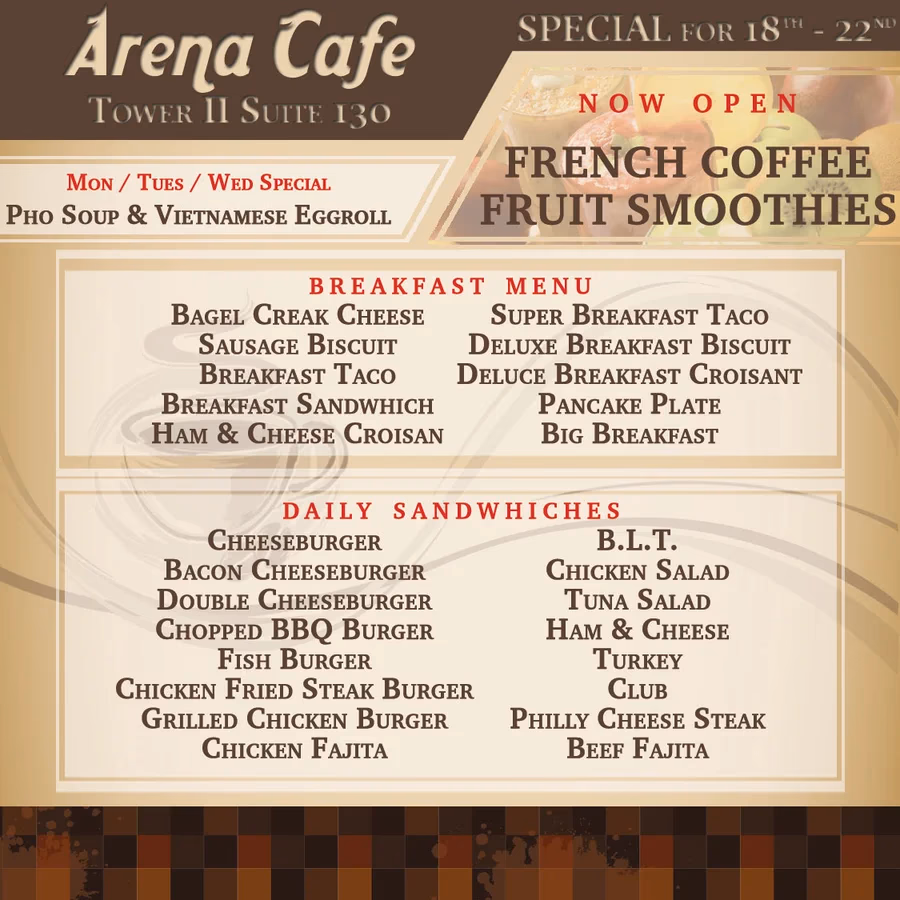 Arena Cafe daily menu designed by Desque with structured layout and brand typography