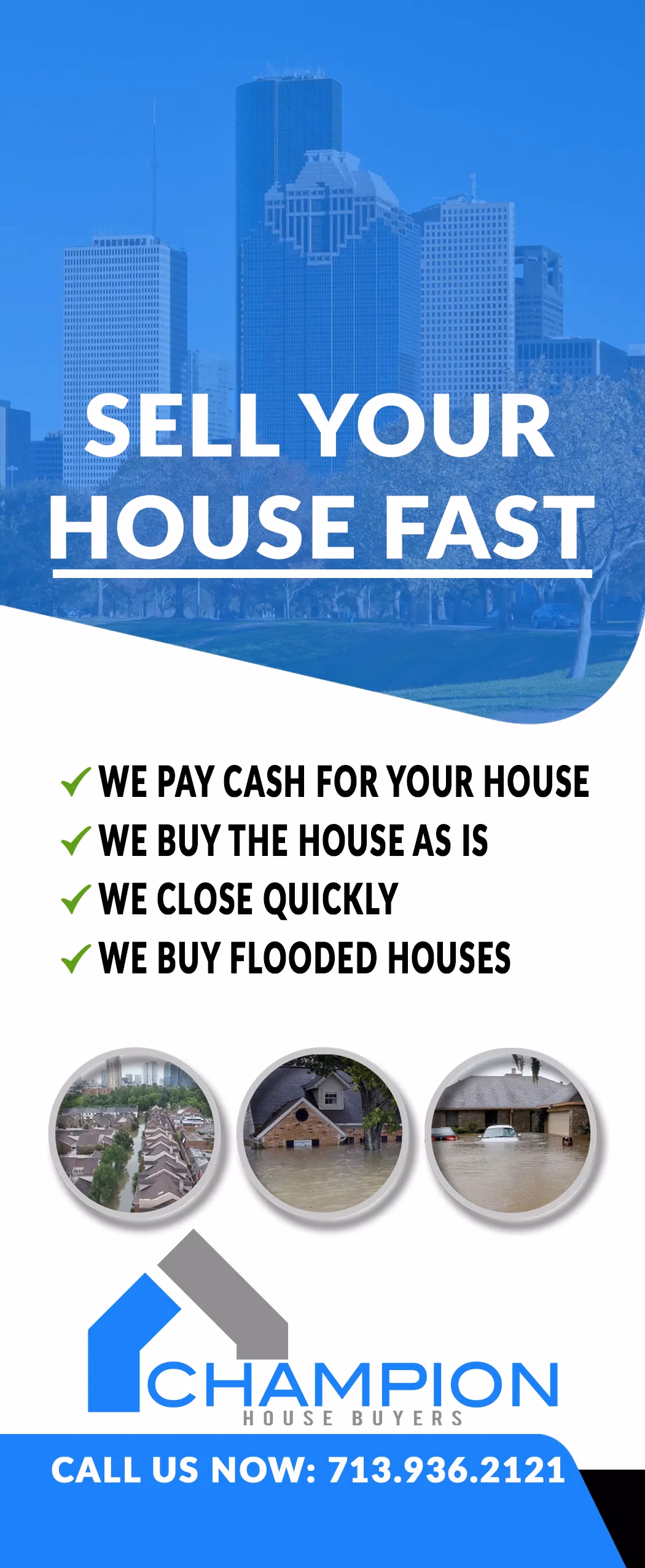 Champion House Buyers door hanger print piece designed by Desque, showing sell your house fast messaging with Houston imagery