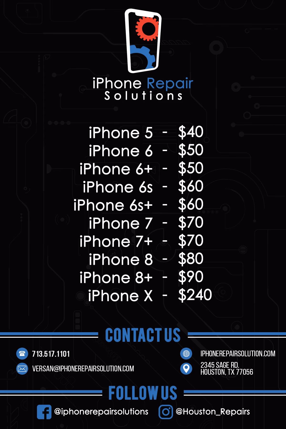 iPhone Repair Solutions promotional flyer back with service pricing and contact designed by Desque