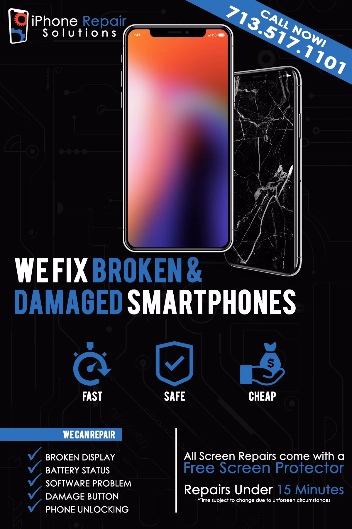 iPhone Repair Solutions promotional flyer front showing device repair services designed by Desque