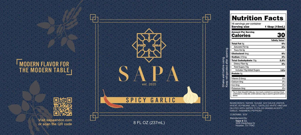 Sapa and Co spicy garlic soy sauce bottle label designed by Desque