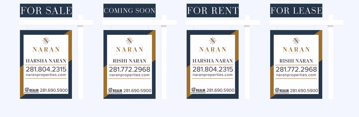 Naran Group yard sign set showing For Sale, Coming Soon, For Rent, and For Lease variants designed by Desque