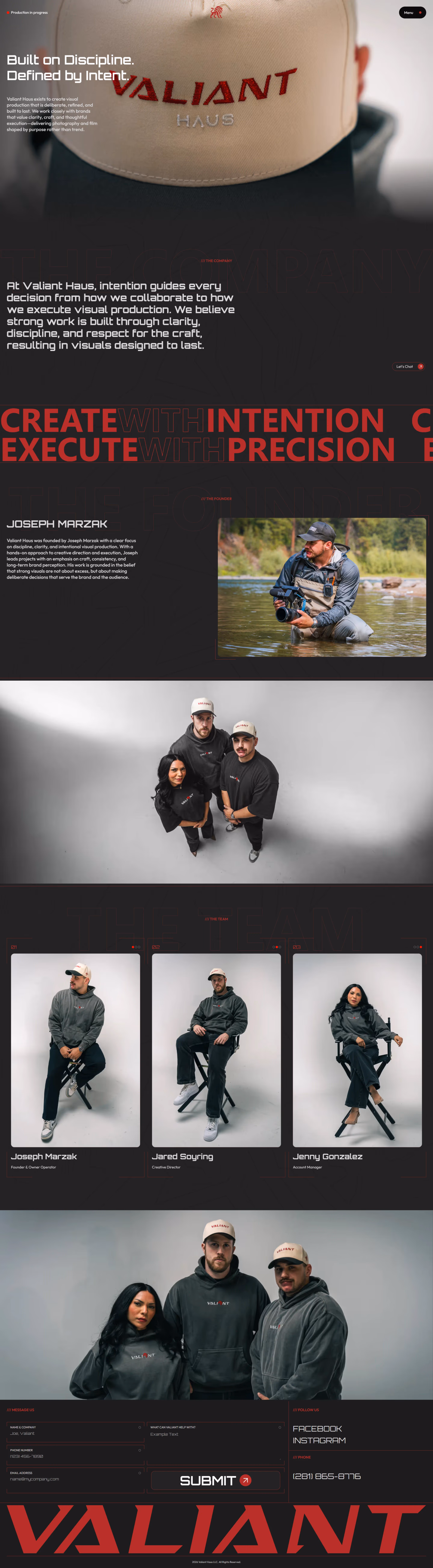 Valiant Haus about us page showing brand philosophy and team identity, designed by Desque