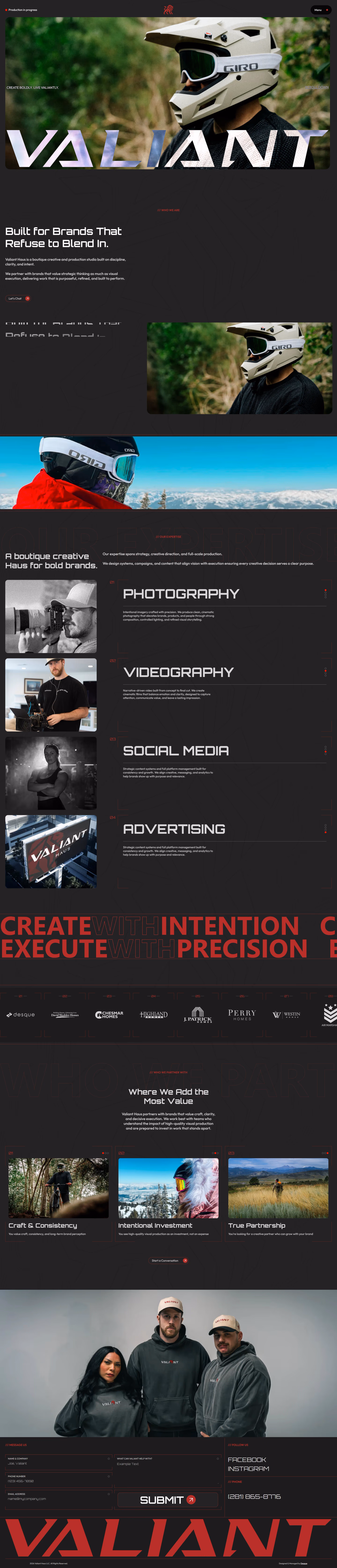 Valiant Haus home page after the Desque build, showing cinematic full-bleed hero and oversized typography