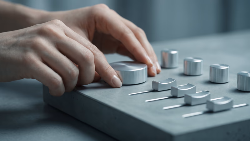 Precision adjustment dials and sliders on a cool grey surface, representing the fine-tuning of on-page SEO elements