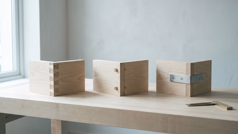 Three sample corner joints in a row on a clean workbench, each joining two boards a different way with an interlocking cut, wooden dowels and a screwed metal bracket, the three ways to build a Shopify and Webflow integration
