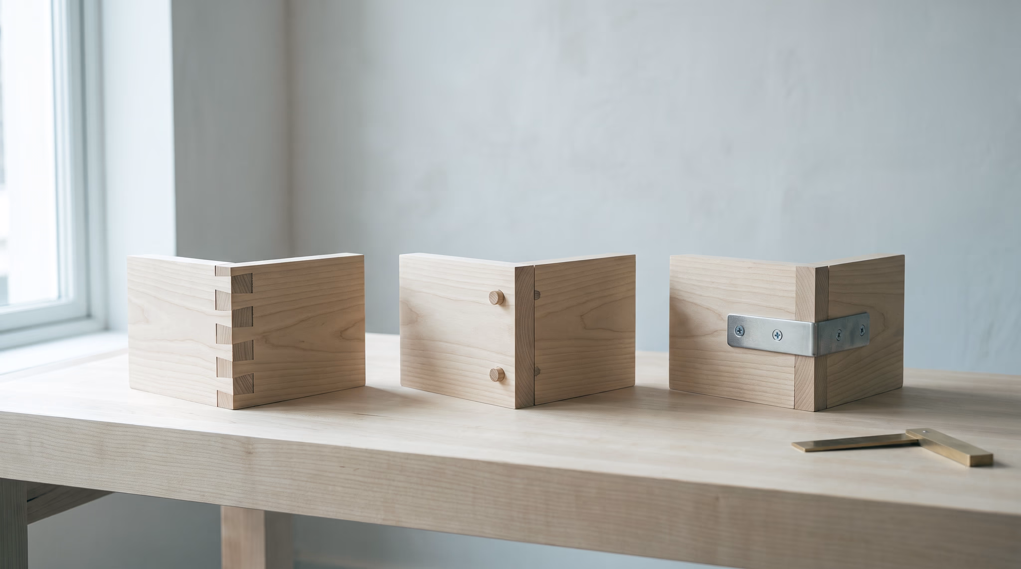 Three sample corner joints in a row on a clean workbench, each joining two boards a different way with an interlocking cut, wooden dowels and a screwed metal bracket, the three ways to build a Shopify and Webflow integration