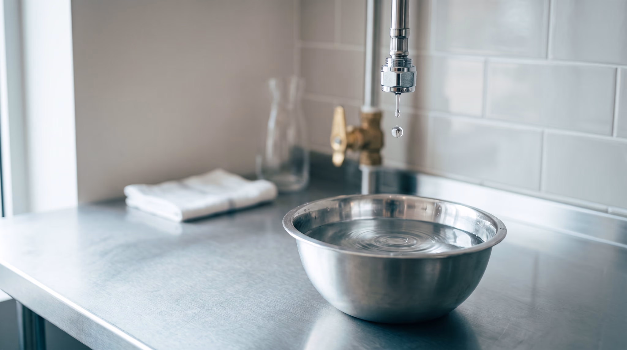 A single clear drop of water falling from a clean chrome pipe fitting into a spotless stainless steel bowl on a bright, well-kept stainless prep counter, with a little clear water already collected in the bowl