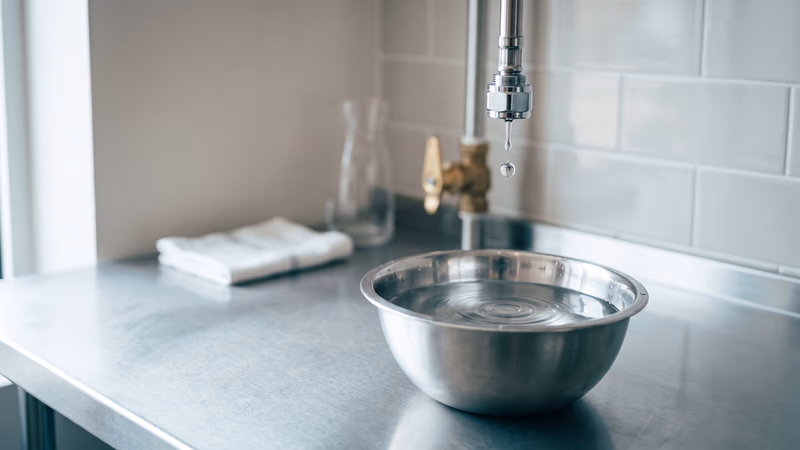 A single clear drop of water falling from a clean chrome pipe fitting into a spotless stainless steel bowl on a bright, well-kept stainless prep counter, with a little clear water already collected in the bowl