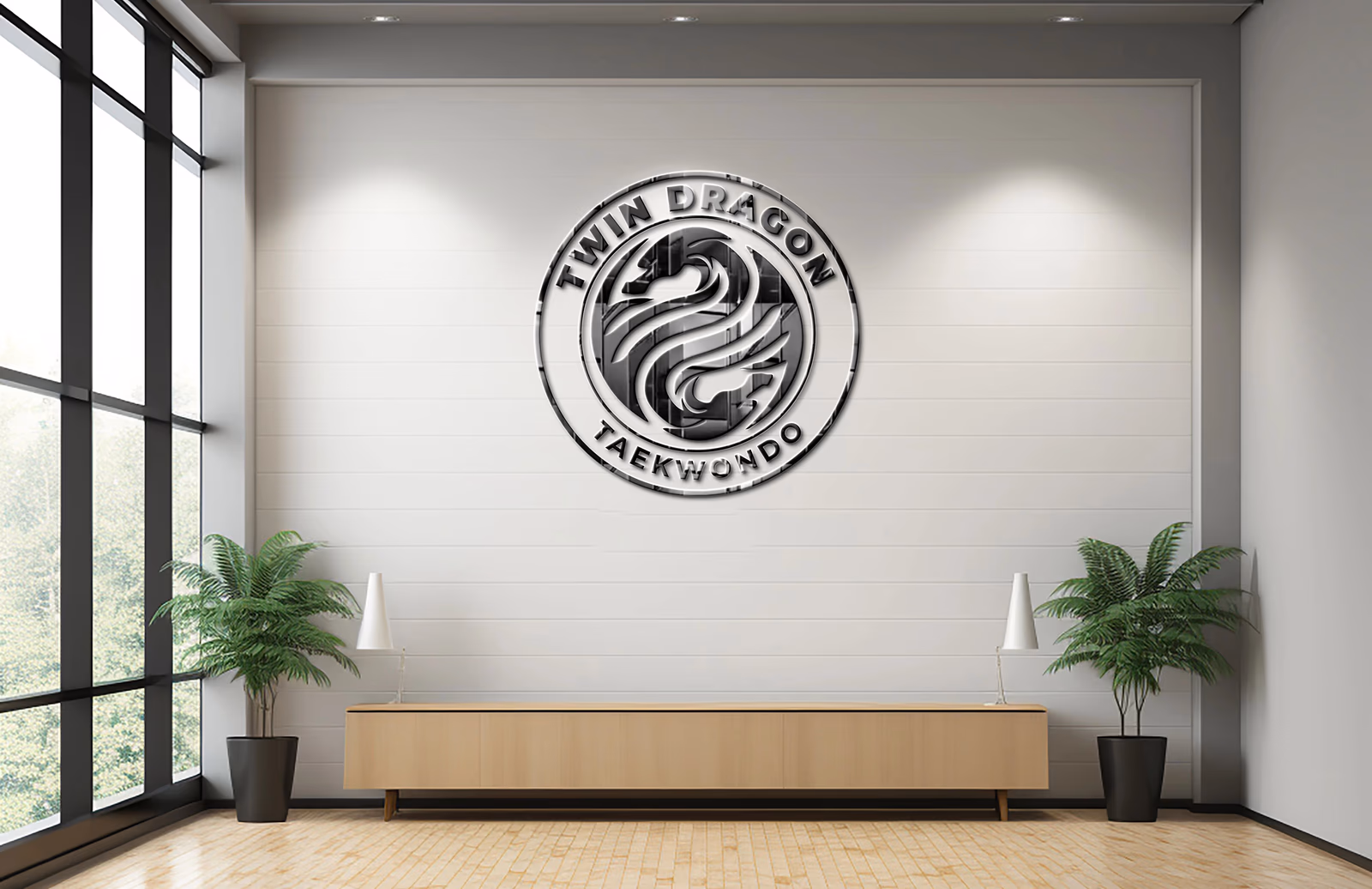 Twin Dragon Taekwondo large-scale wall signage in training environment designed by Desque