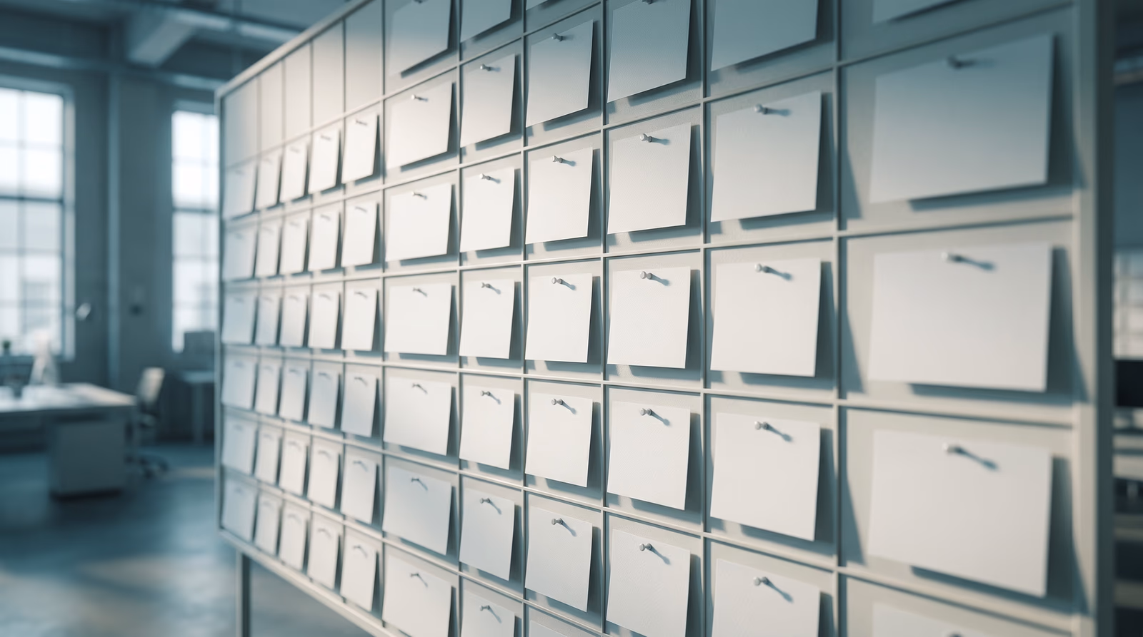 Wall calendar grid filled with blank white cards and small pins, representing a structured social media content calendar planning system