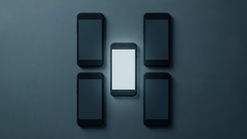 Grid of blank smartphone screens on a dark surface with one screen illuminated, representing the strategic selection of a single social media platform for business