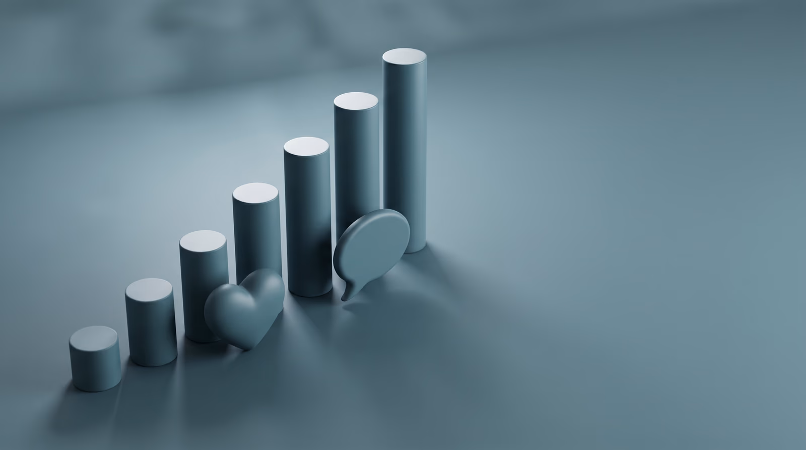 Abstract ascending cylindrical bars with simple geometric engagement shapes on a matte surface, representing social media analytics performance metrics for small business