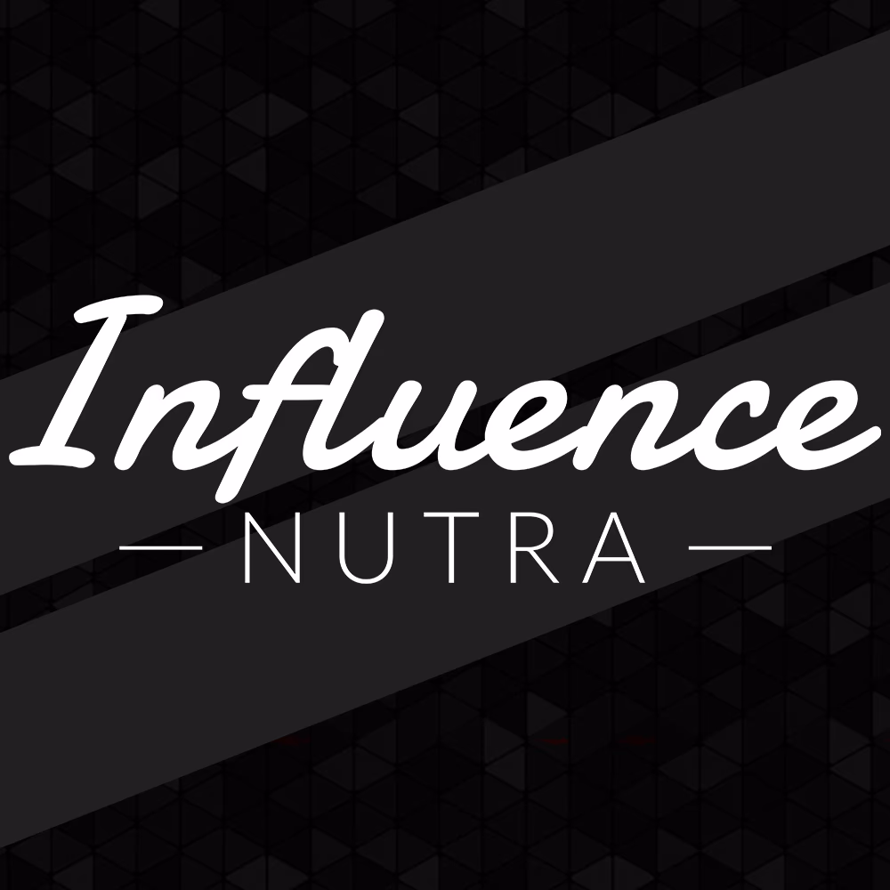 Influence Nutra reverse logo lockup on a branded dark textured field, designed by Desque