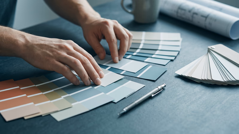 Hands arranging Pantone-style color swatch cards on a designer's dark desk, illustrating deliberate color psychology decisions in web design