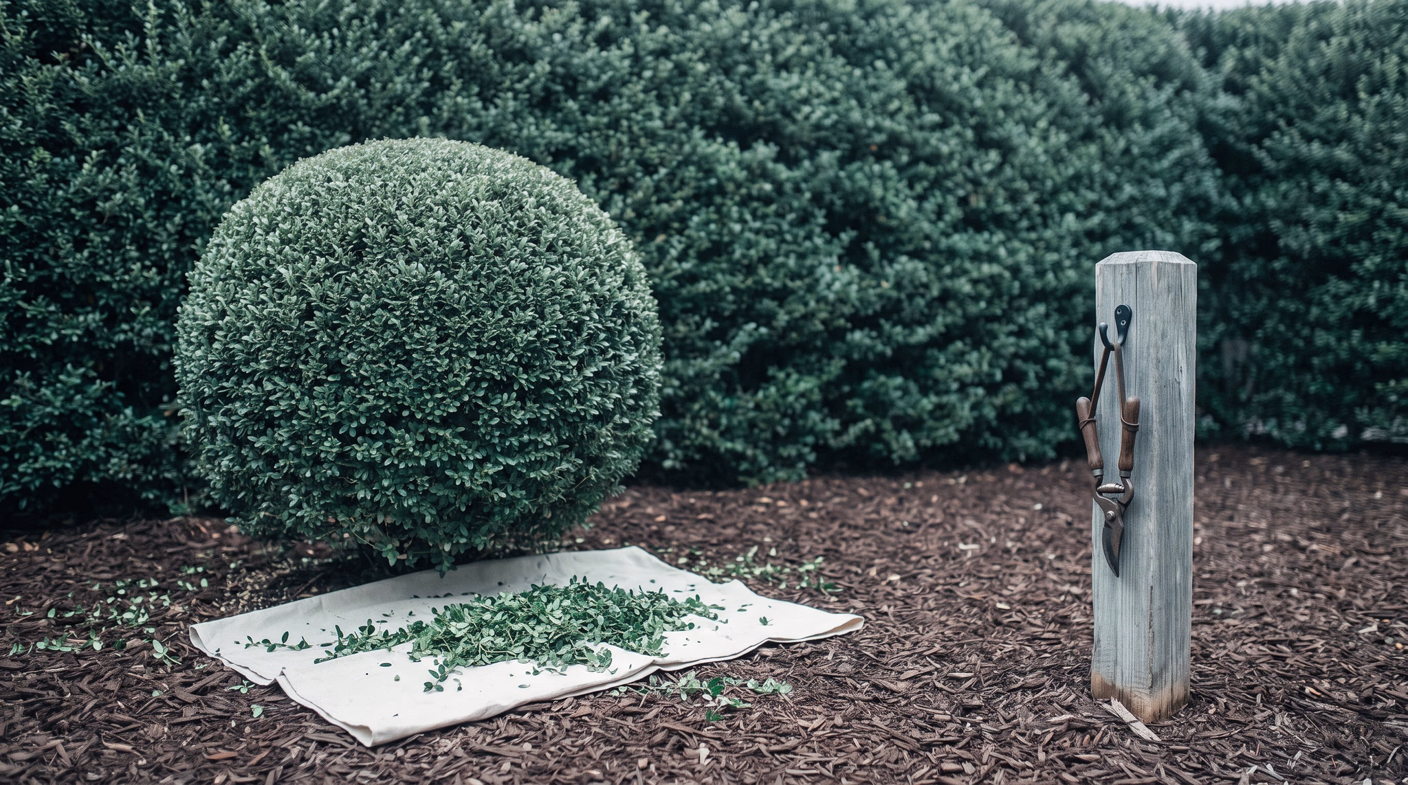 A shrub freshly clipped into a clean rounded dome stands alone in a garden bed, its trimmings gathered on a canvas drop cloth and closed pruning shears hung on a weathered post beside it