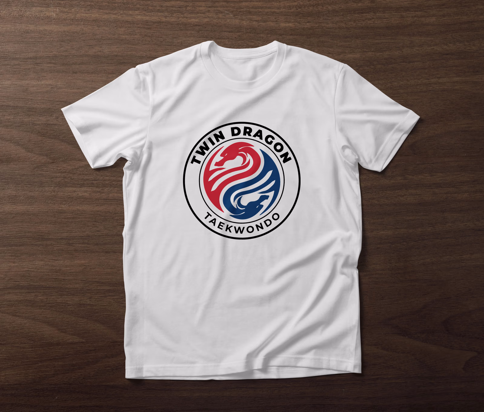 Twin Dragon Taekwondo branded t-shirt merchandise mockup designed by Desque
