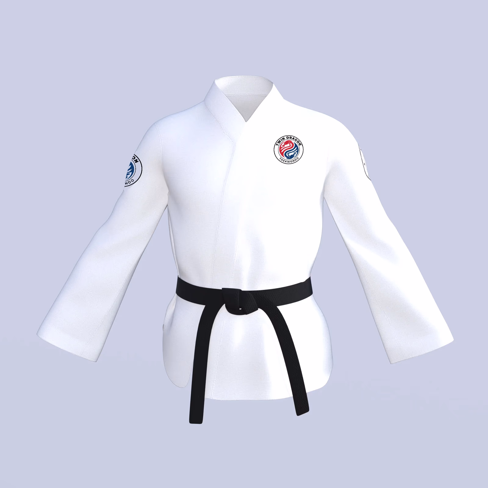 Twin Dragon Taekwondo branded dobok uniform with embroidered crest designed by Desque
