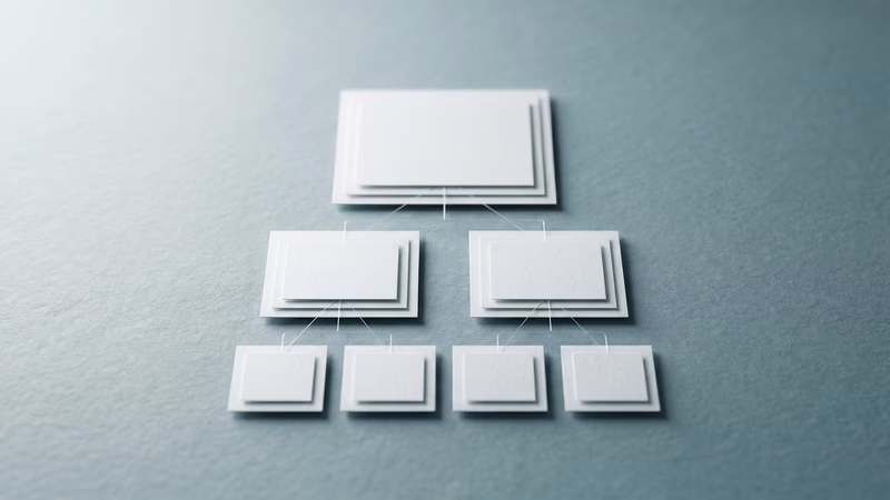 Nested blank rectangular cards arranged in a hierarchical tree structure on a slate surface, representing information architecture and website content organization
