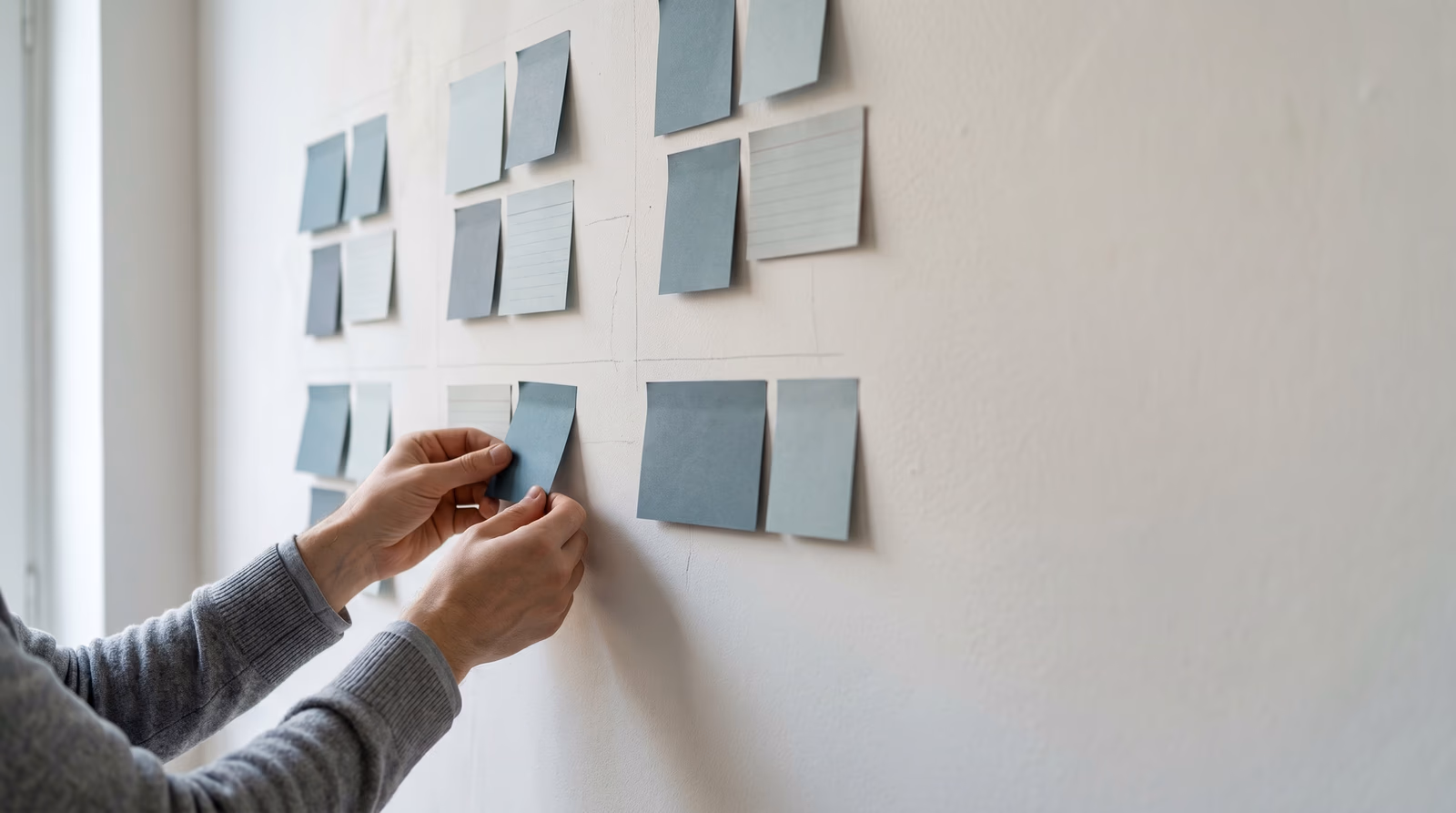 Blank sticky notes and index cards arranged in affinity clusters on a studio wall, representing user research synthesis and qualitative data grouping