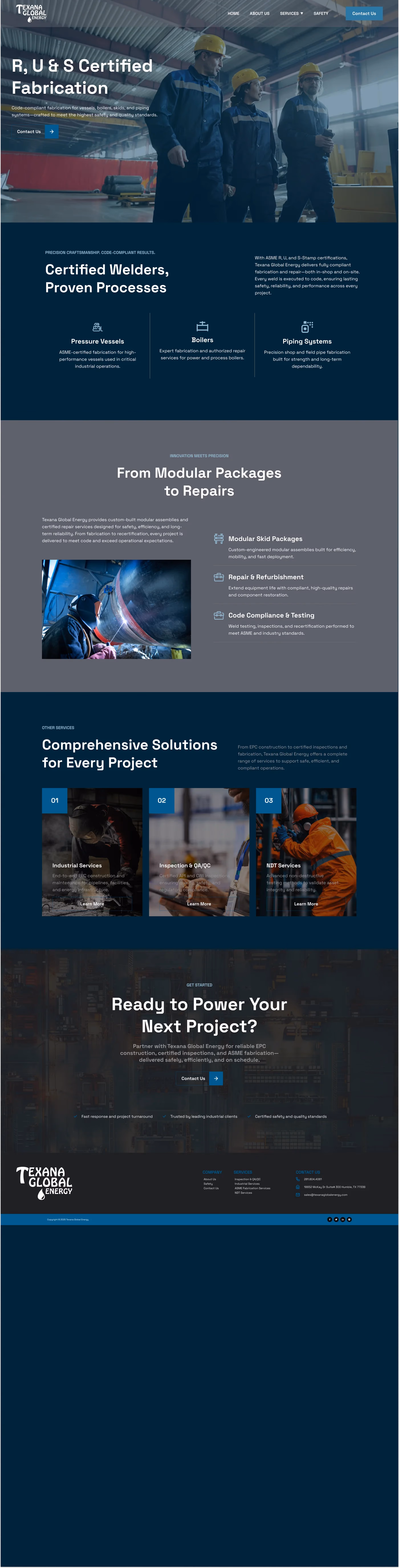 Texana Global Energy ASME fabrication services page designed by Desque