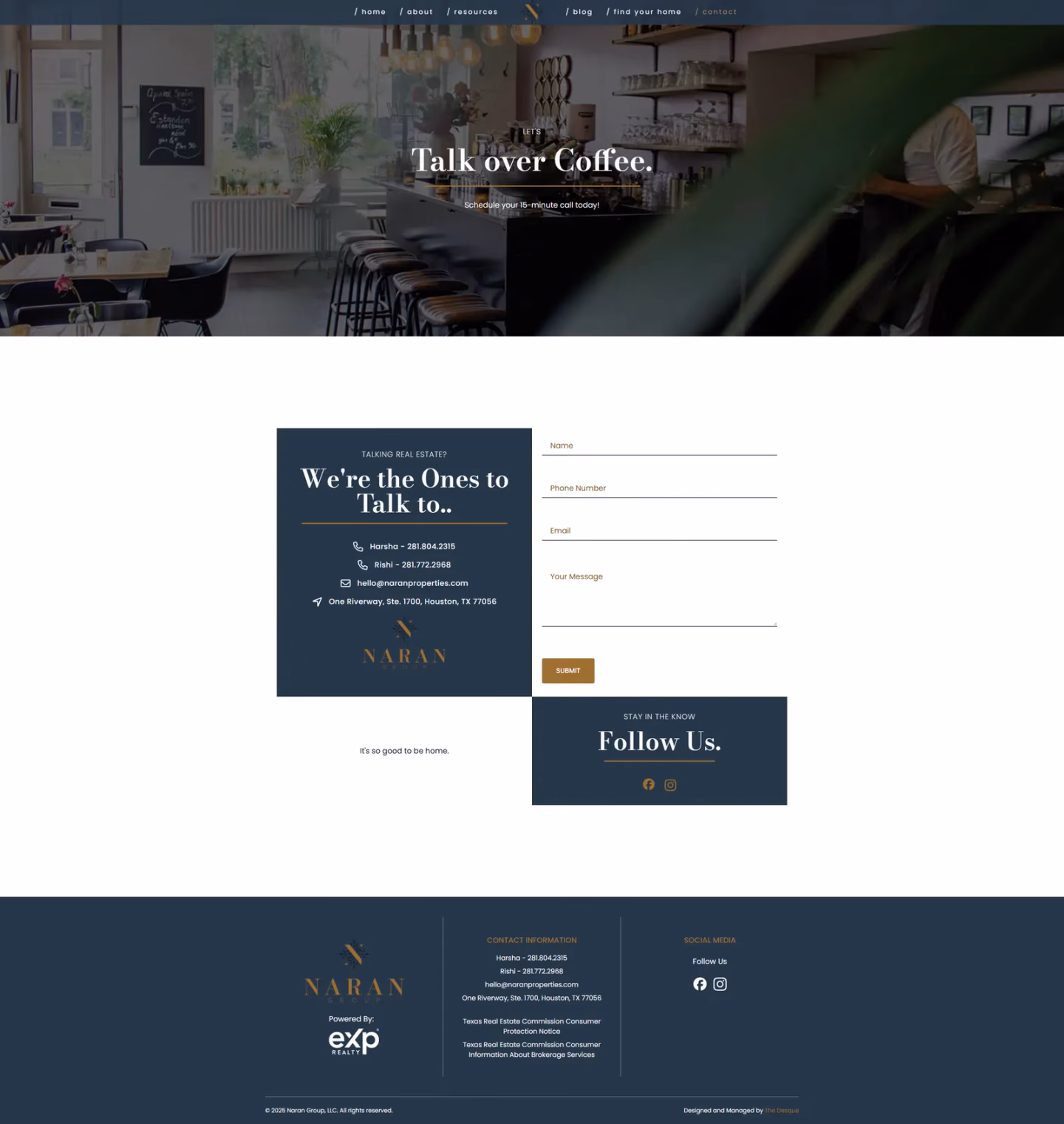 Naran Group contact page with agent details and inquiry form, designed by Desque