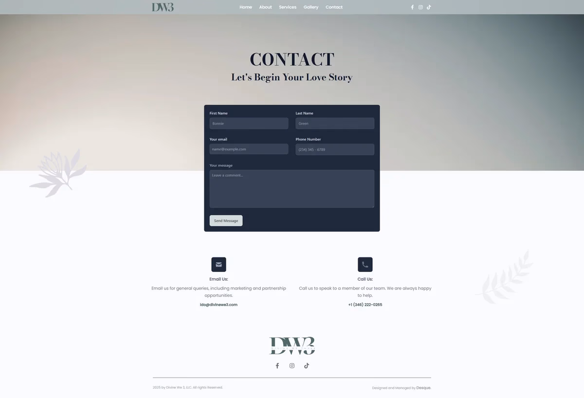 Divine We Three contact and inquiry page designed by Desque