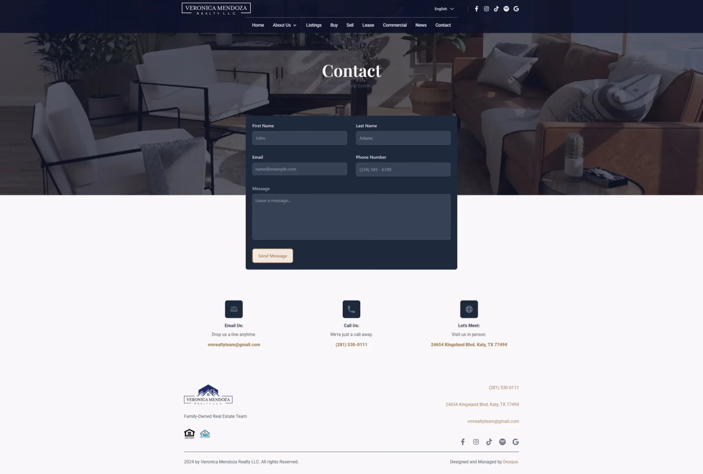 Veronica Mendoza Realty contact page designed by Desque