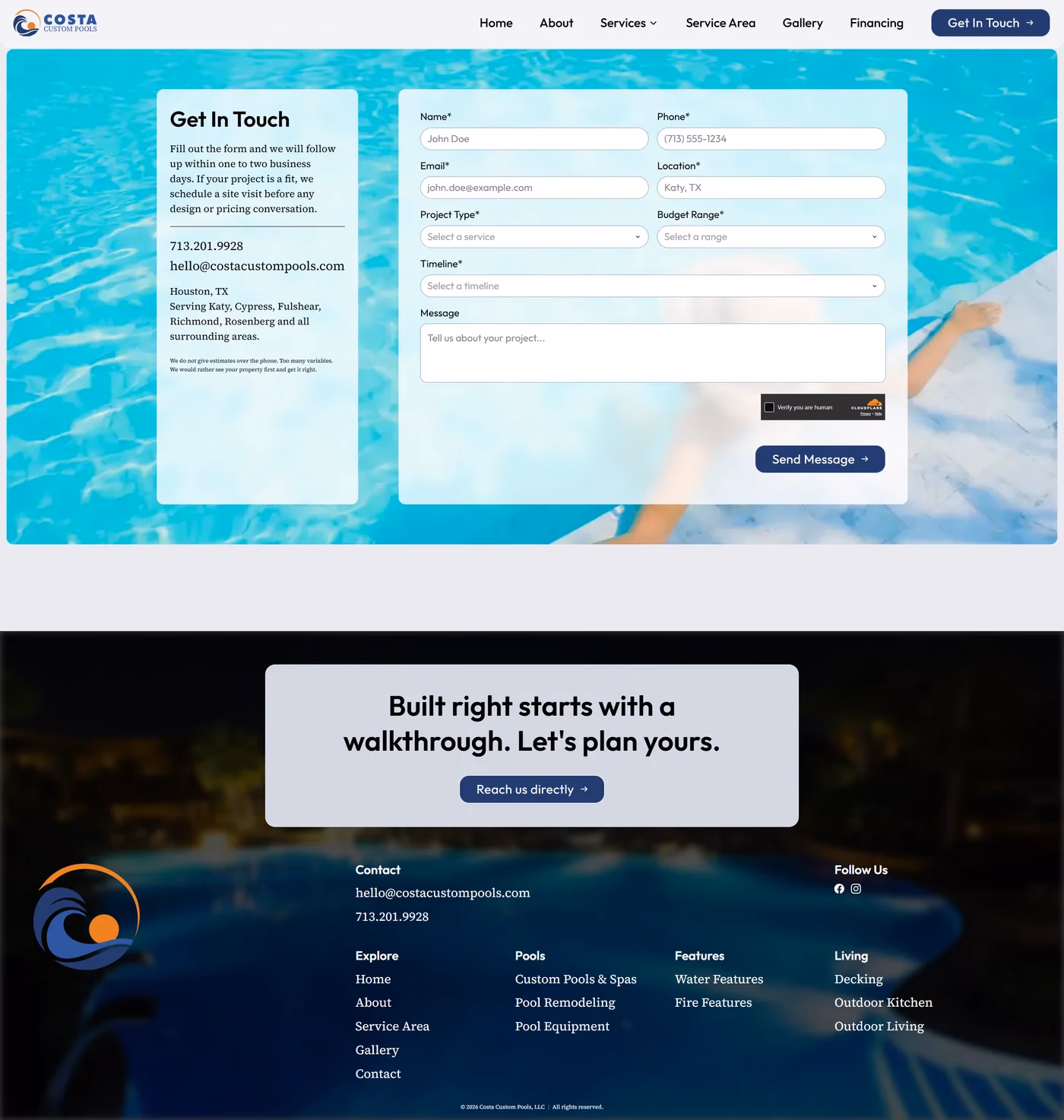Costa Custom Pools contact page designed by Desque