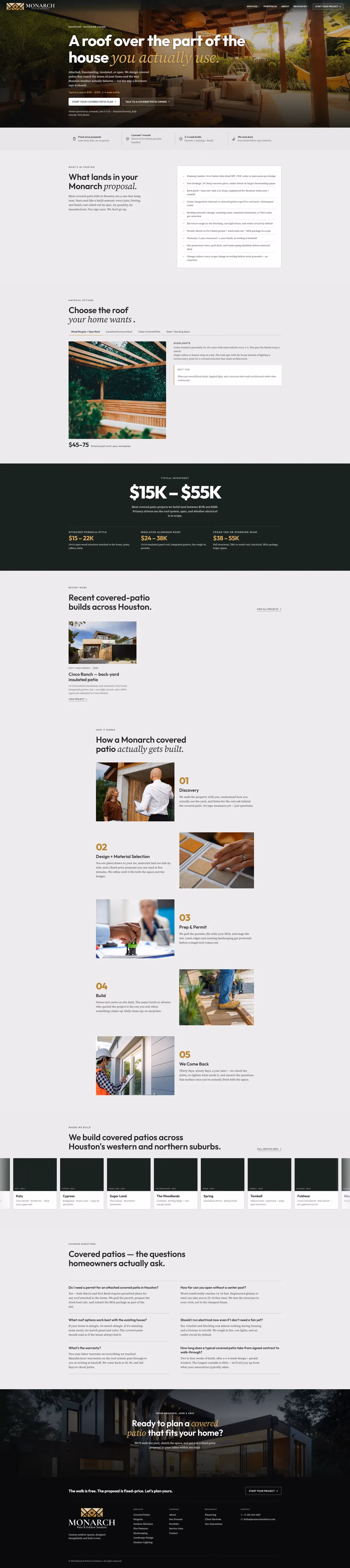 Monarch Patio and Outdoors covered patios service page designed by Desque