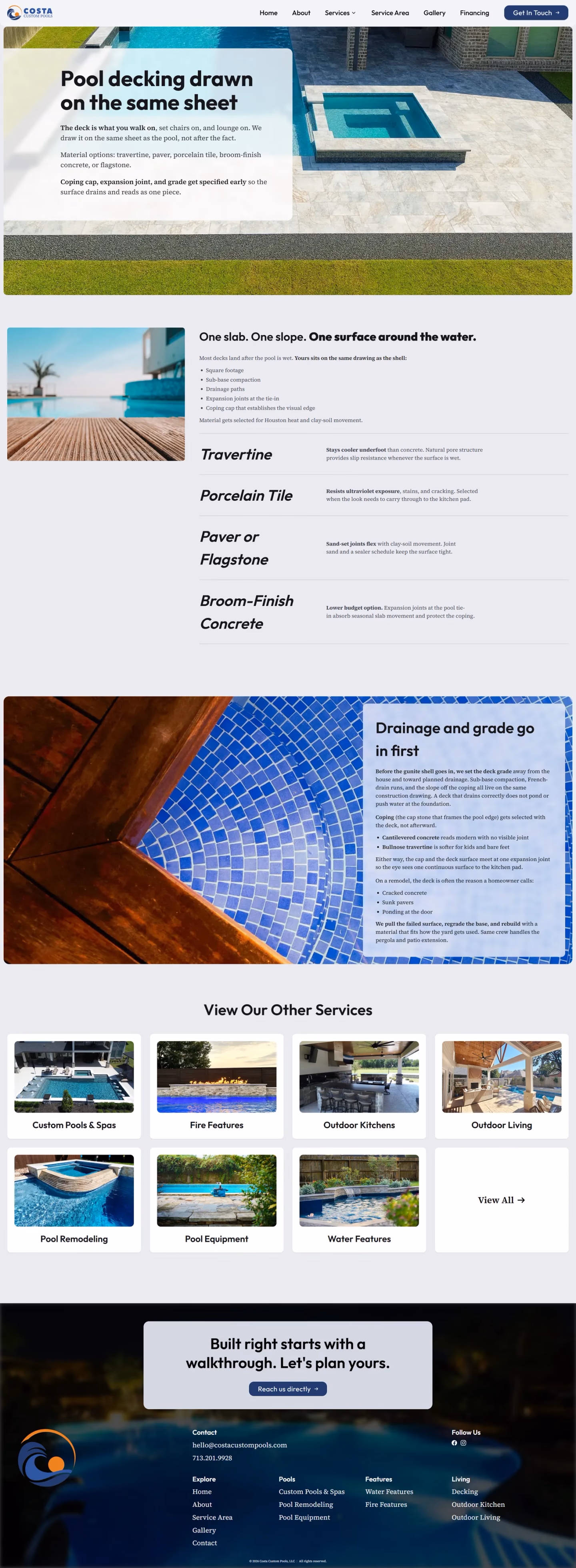 Costa Custom Pools decking service page designed by Desque