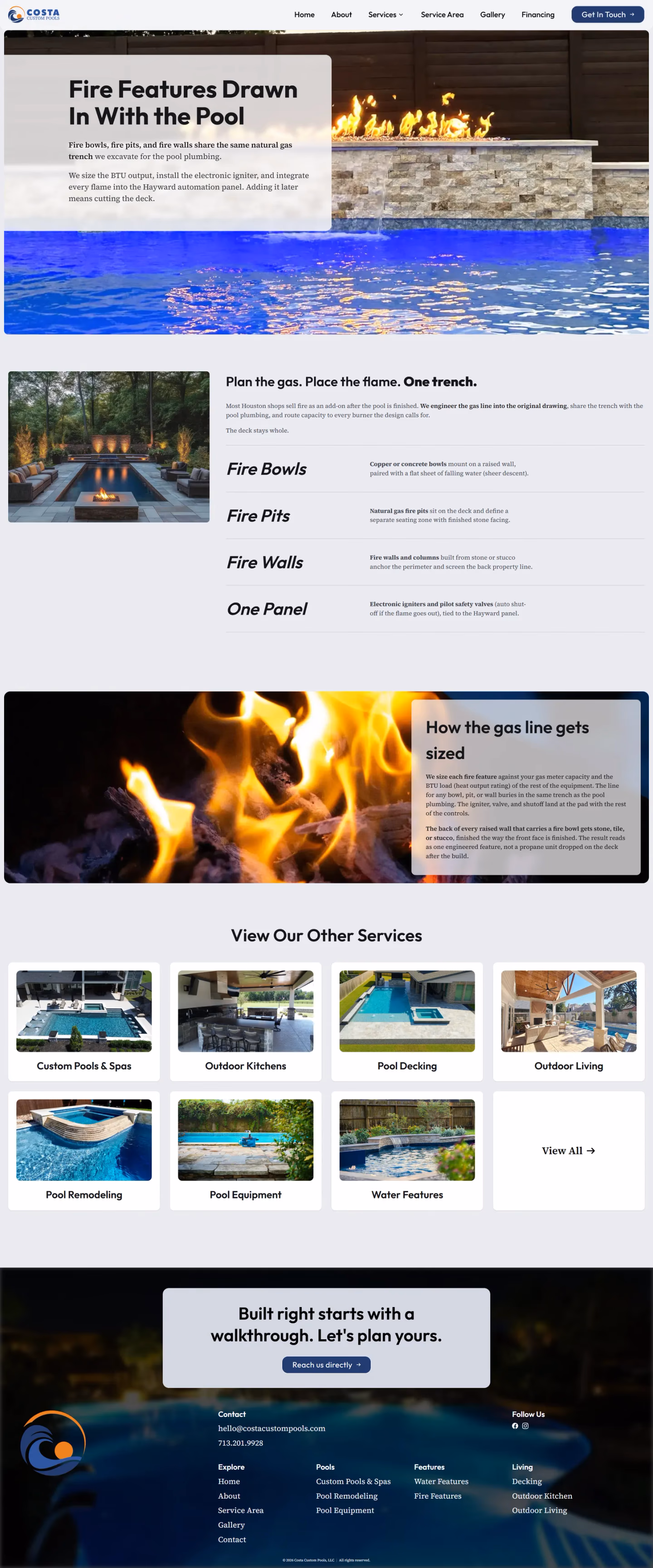 Costa Custom Pools fire features service page designed by Desque