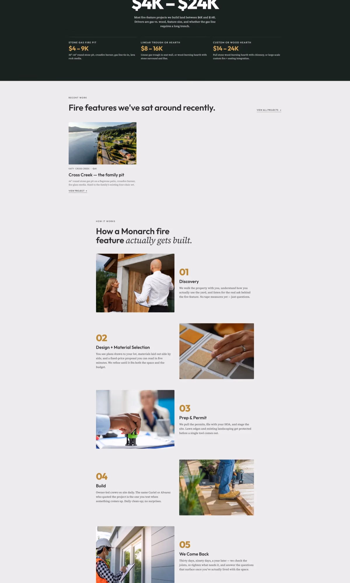 Monarch Patio and Outdoors fire features service page designed by Desque