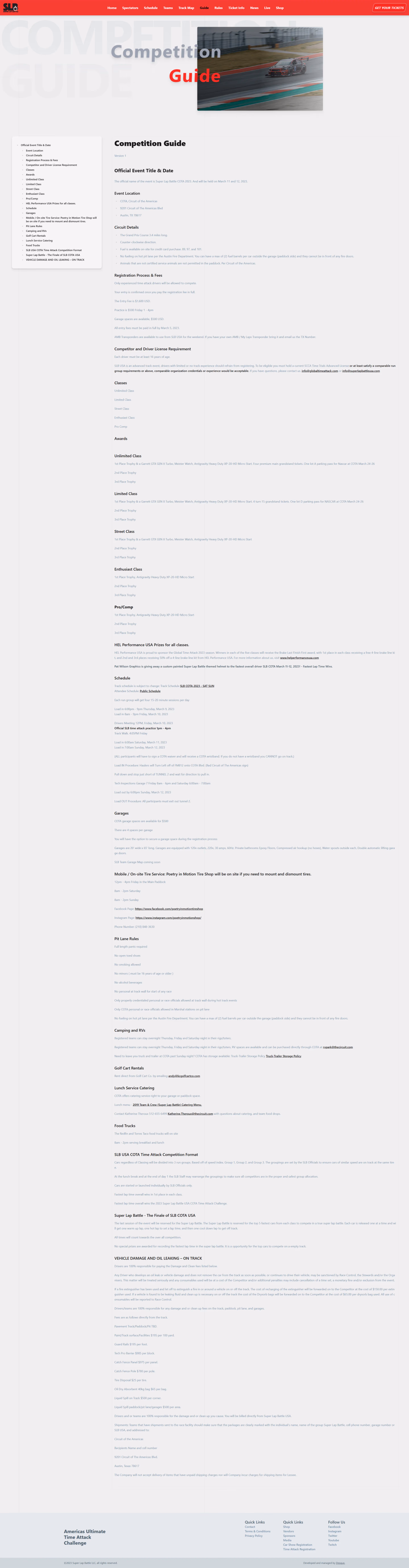 Super Lap Battle competitor guide page designed by Desque, racer onboarding and event rules