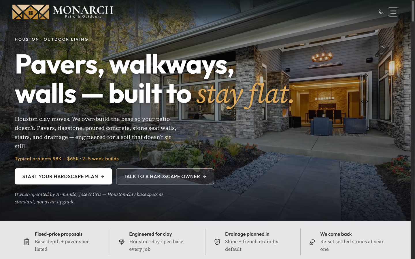 Monarch Patio and Outdoors hardscaping page header, "Pavers, walkways, walls, built to stay flat"